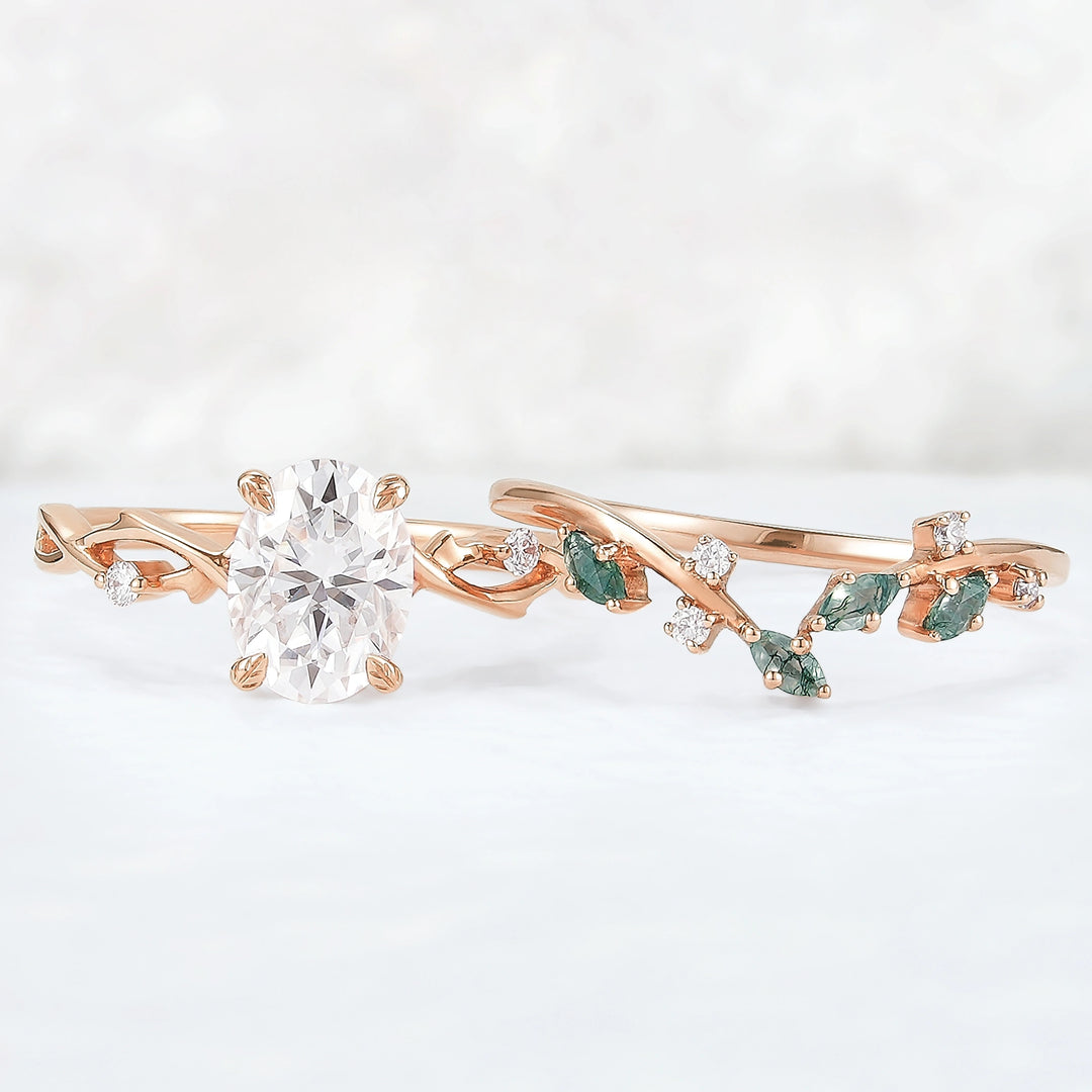 Nature Inspired Oval Cut Moissanite Leaf and Vine Ring Set 2pcs