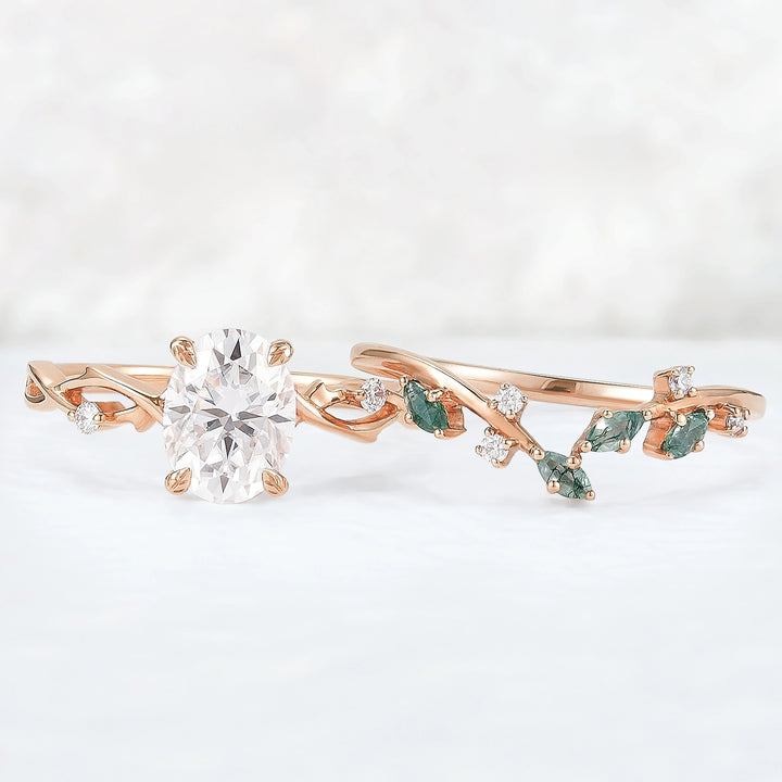Nature Inspired Oval Cut Moissanite Leaf and Vine Ring Set 2pcs