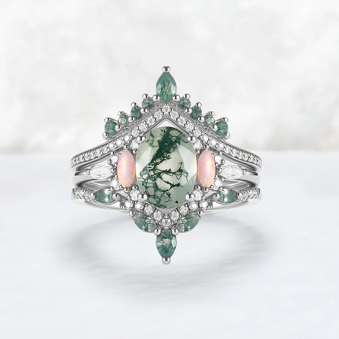 Nature Inspired Oval Cut Moss Agate Cluster Gemstone Ring Set 3pcs
