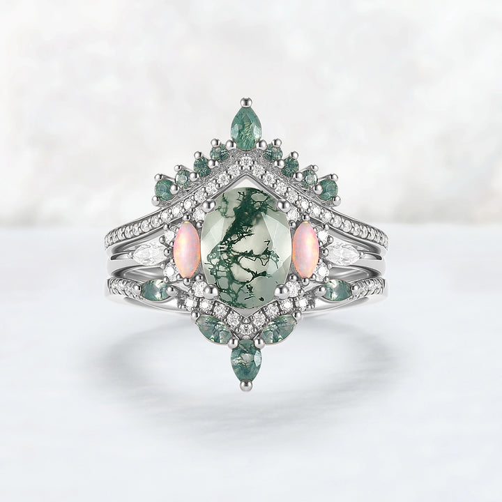 Nature Inspired Oval Cut Moss Agate Cluster Gemstone Ring Set 3pcs