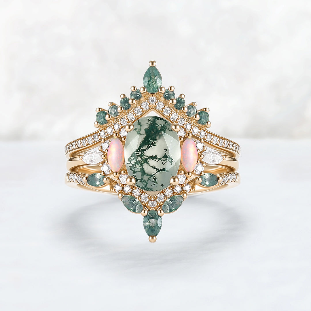 Nature Inspired Oval Cut Moss Agate Cluster Gemstone Ring Set 3pcs