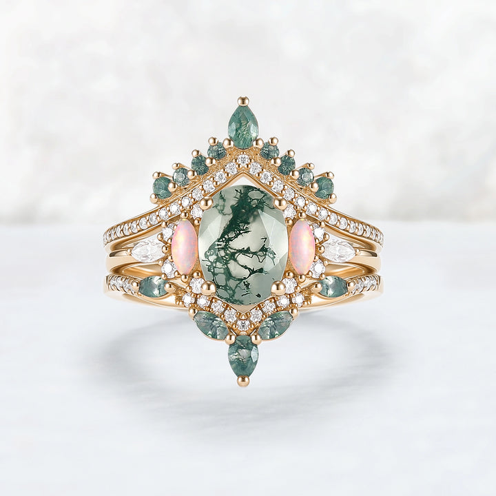 Nature Inspired Oval Cut Moss Agate Cluster Gemstone Ring Set 3pcs