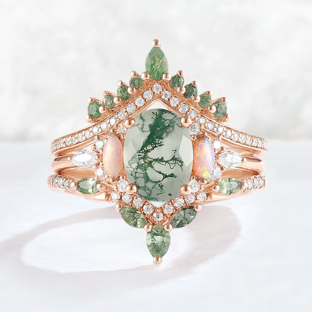 Nature Inspired Oval Cut Moss Agate Cluster Gemstone Ring Set 3pcs