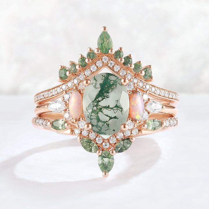 Nature Inspired Oval Cut Moss Agate Cluster Gemstone Ring Set 3pcs