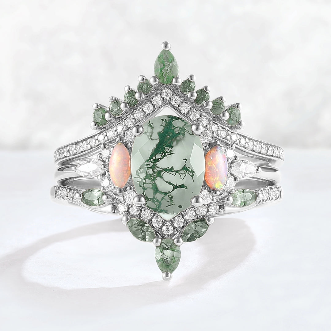 Nature Inspired Oval Cut Moss Agate Cluster Gemstone Ring Set 3pcs