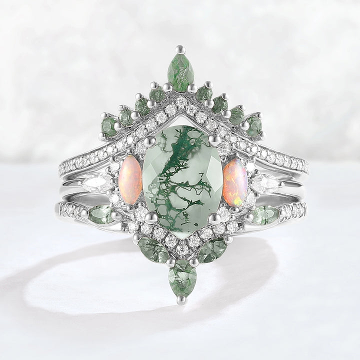 Nature Inspired Oval Cut Moss Agate Cluster Gemstone Ring Set 3pcs