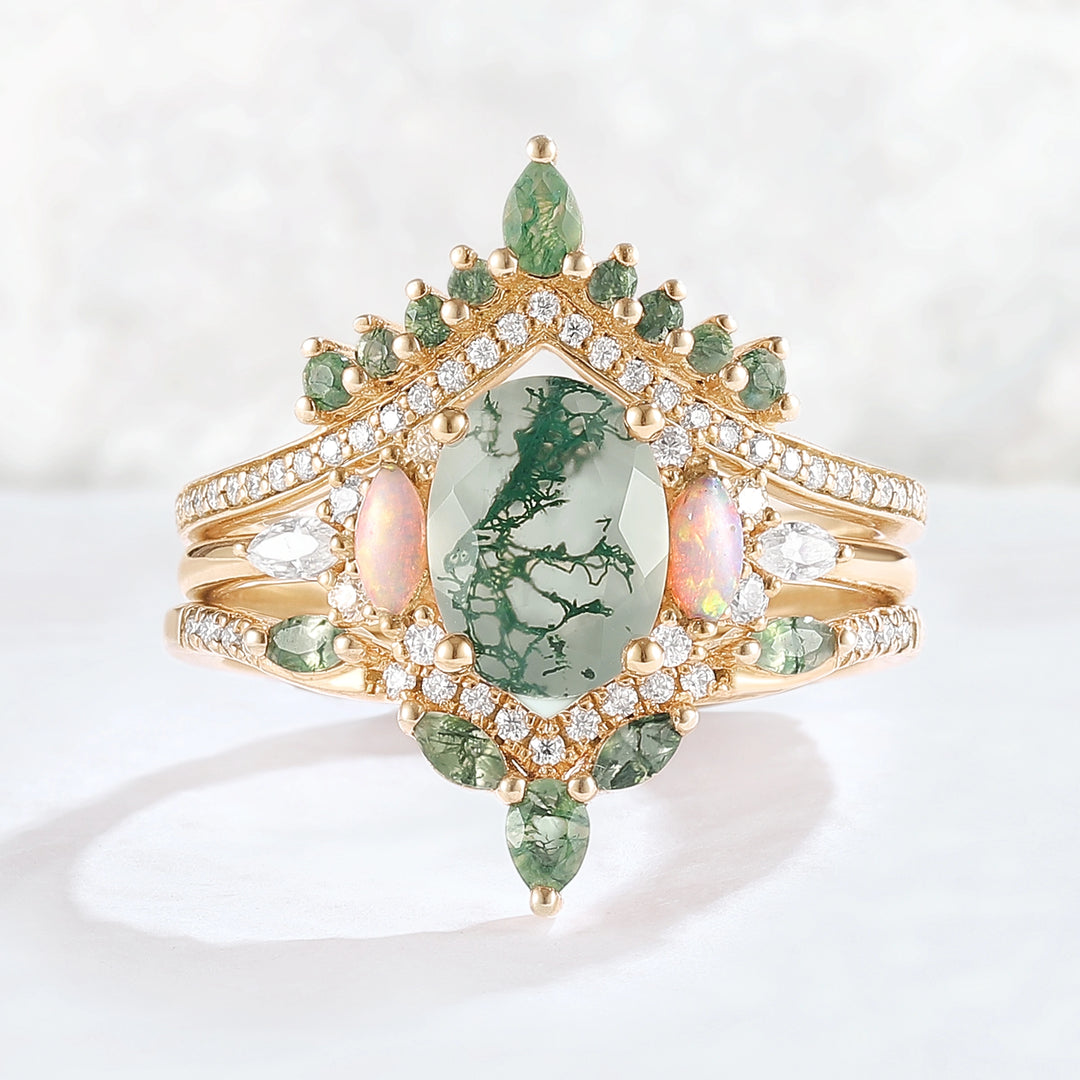 Nature Inspired Oval Cut Moss Agate Cluster Gemstone Ring Set 3pcs