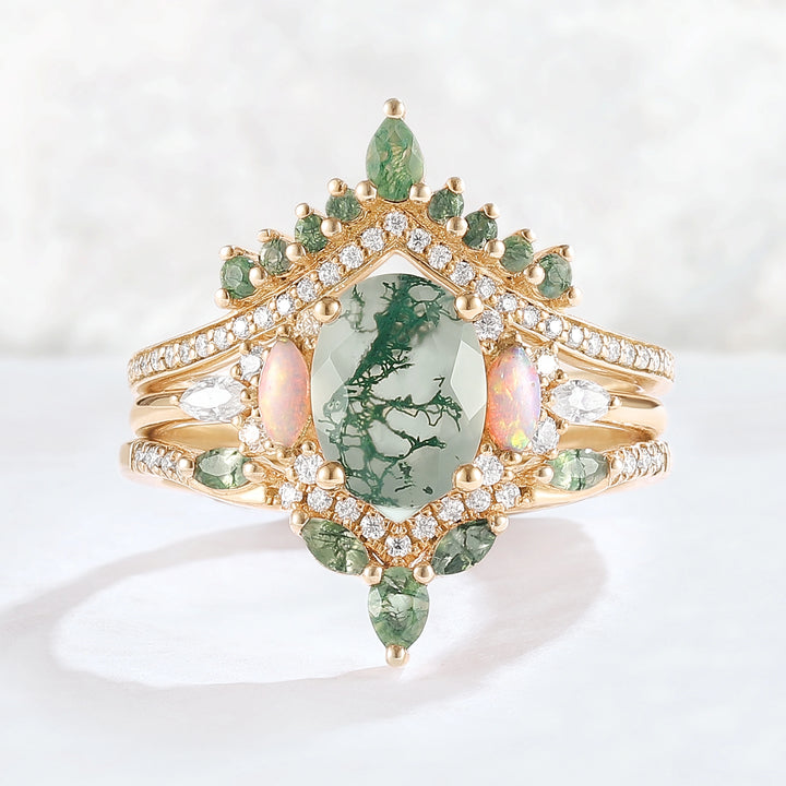 Nature Inspired Oval Cut Moss Agate Cluster Gemstone Ring Set 3pcs
