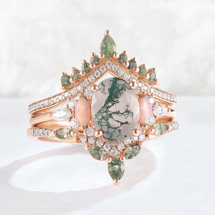 Nature Inspired Oval Cut Moss Agate Cluster Gemstone Ring Set 3pcs