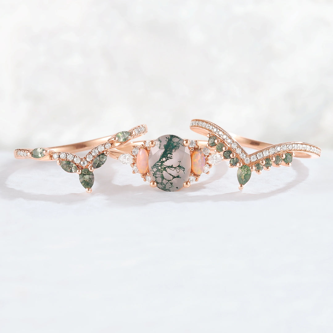 Nature Inspired Oval Cut Moss Agate Cluster Gemstone Ring Set 3pcs