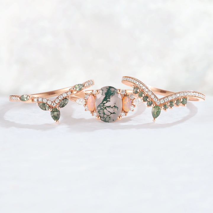 Nature Inspired Oval Cut Moss Agate Cluster Gemstone Ring Set 3pcs