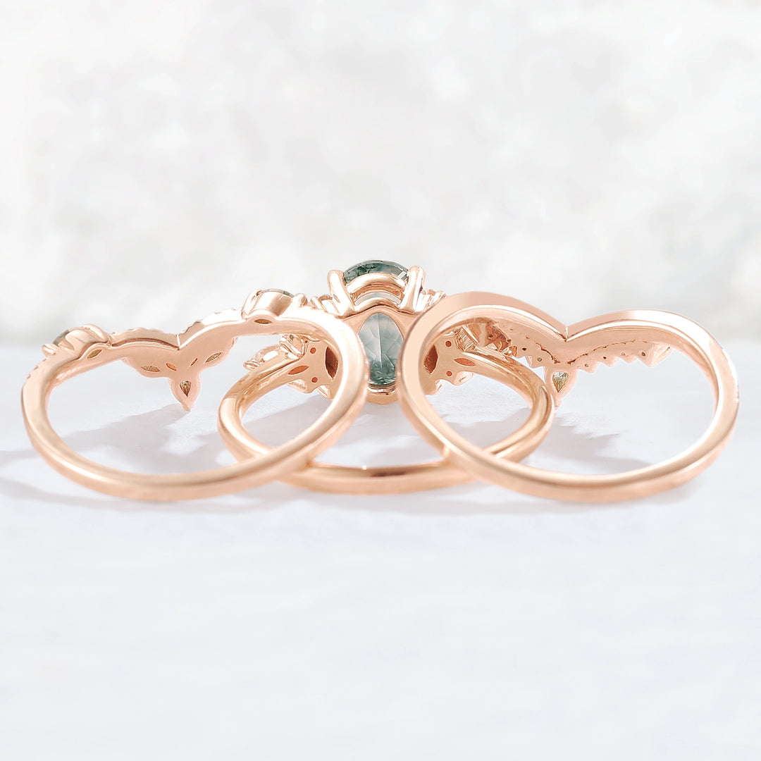 Nature Inspired Oval Cut Moss Agate Cluster Gemstone Ring Set 3pcs