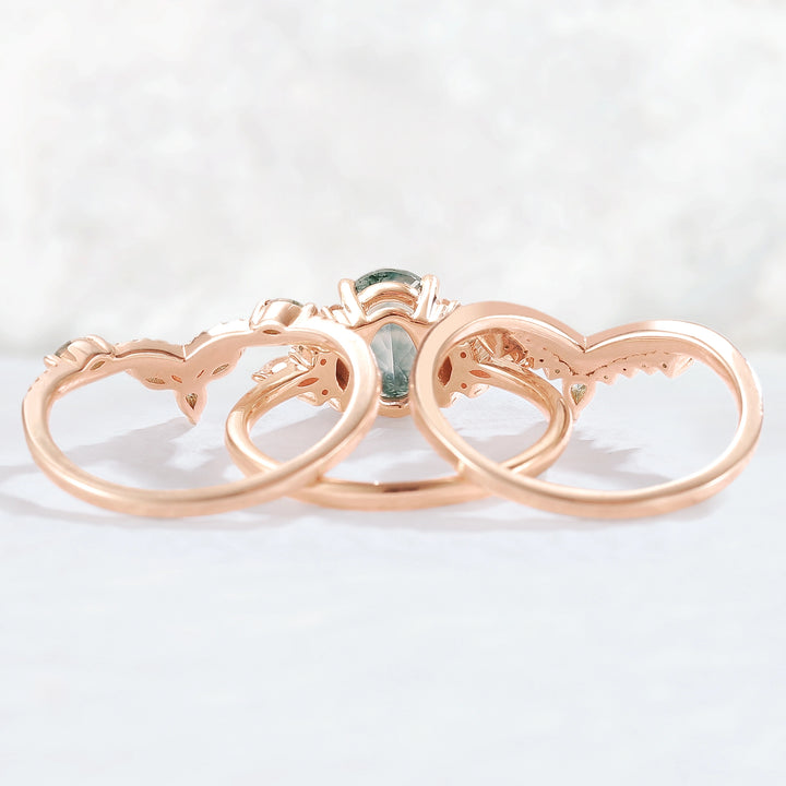 Nature Inspired Oval Cut Moss Agate Cluster Gemstone Ring Set 3pcs