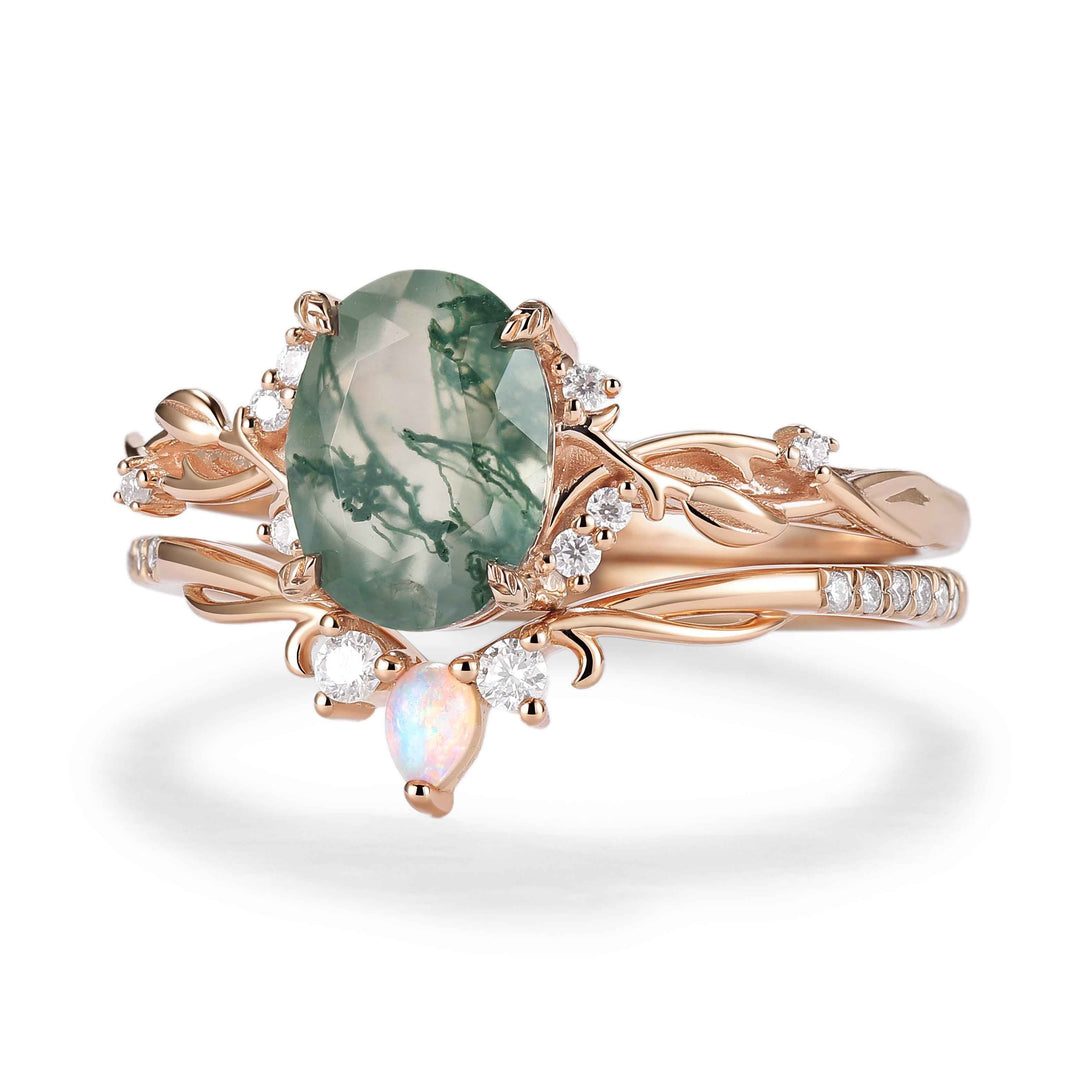 Nature Inspired Oval Cut Moss Agate Gemstone Ring Set 2pcs