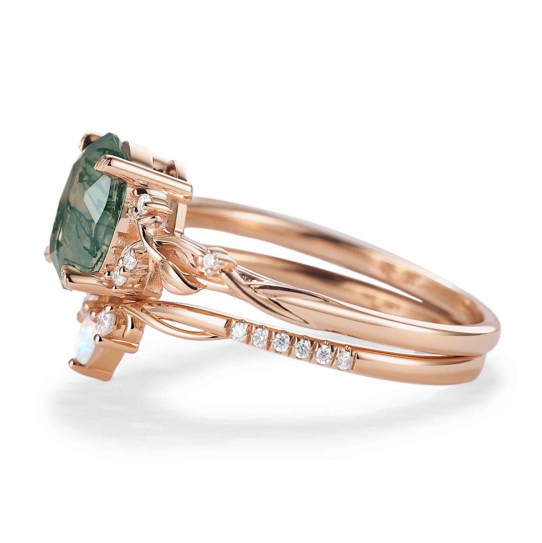 Nature Inspired Oval Cut Moss Agate Gemstone Ring Set 2pcs