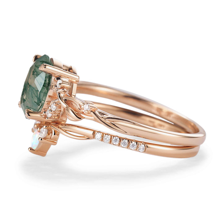 Nature Inspired Oval Cut Moss Agate Gemstone Ring Set 2pcs