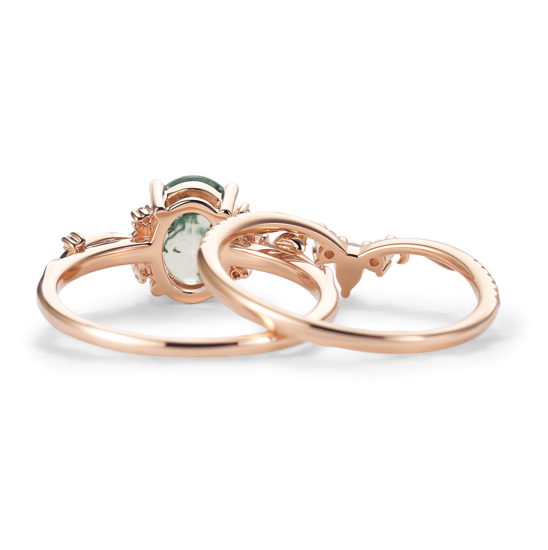 Nature Inspired Oval Cut Moss Agate Gemstone Ring Set 2pcs