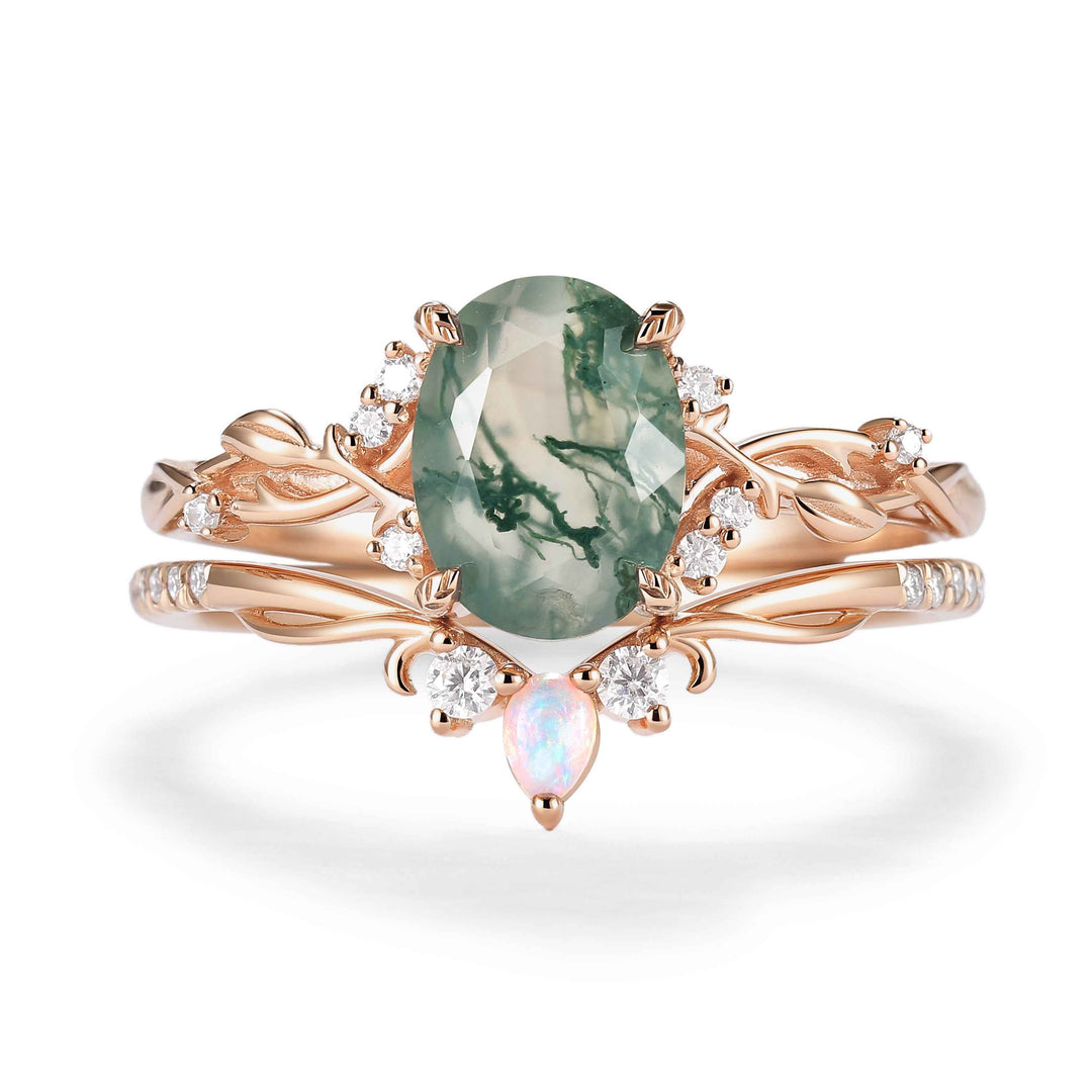 Nature Inspired Oval Cut Moss Agate Gemstone Ring Set 2pcs