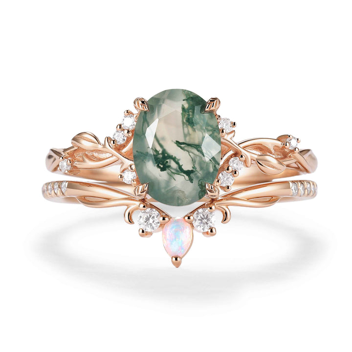 Nature Inspired Oval Cut Moss Agate Gemstone Ring Set 2pcs