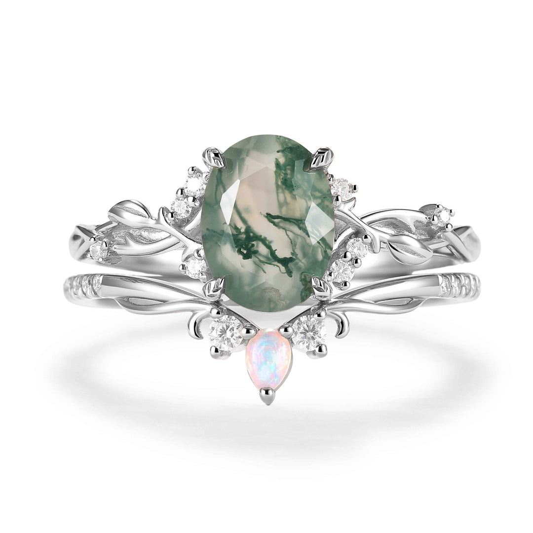 Nature Inspired Oval Cut Moss Agate Gemstone Ring Set 2pcs