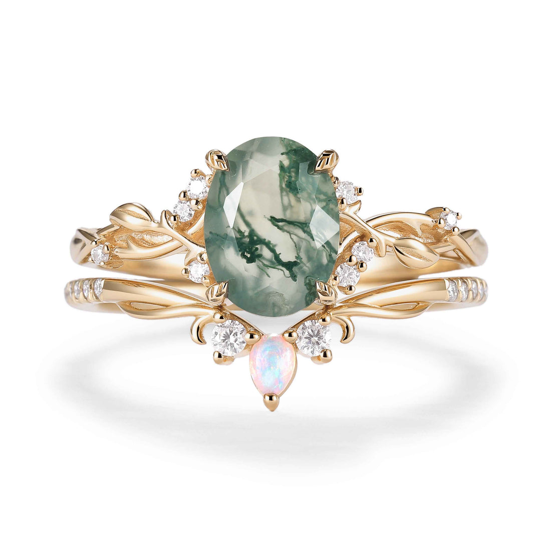 Nature Inspired Oval Cut Moss Agate Gemstone Ring Set 2pcs