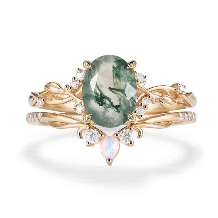 Nature Inspired Oval Cut Moss Agate Gemstone Ring Set 2pcs
