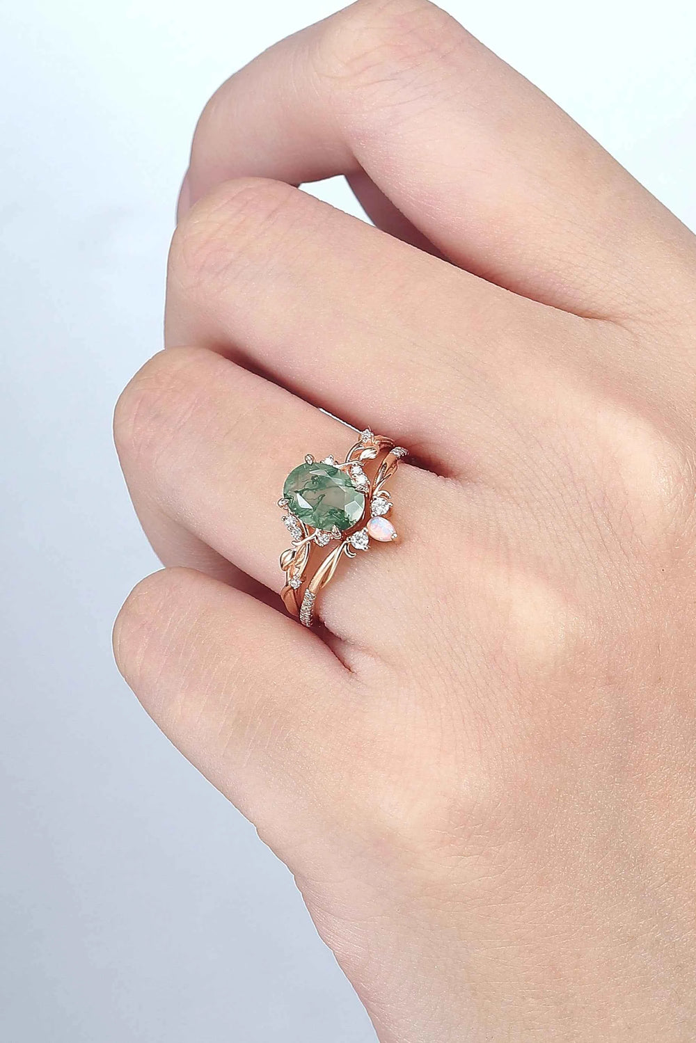 Nature Inspired Oval Cut Moss Agate Gemstone Ring Set 2pcs