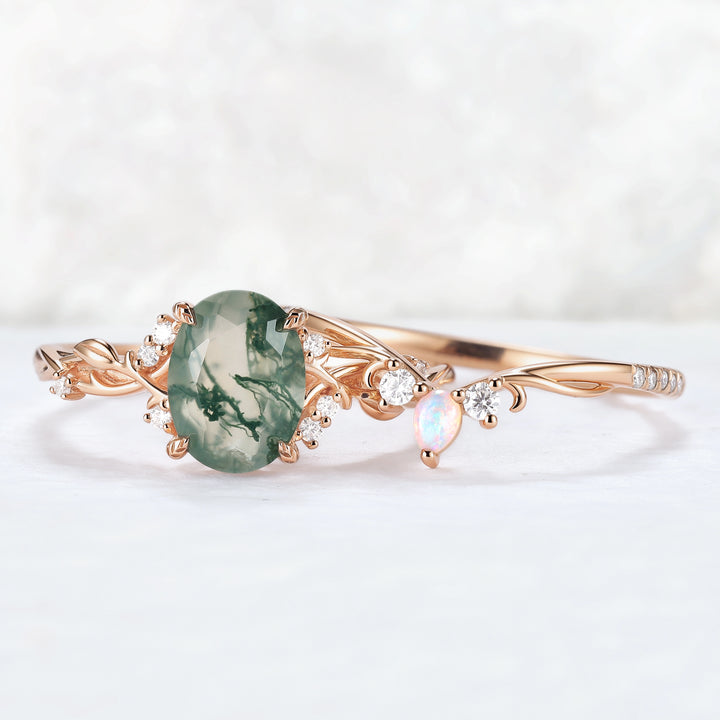 Nature Inspired Oval Cut Moss Agate Gemstone Ring Set 2pcs