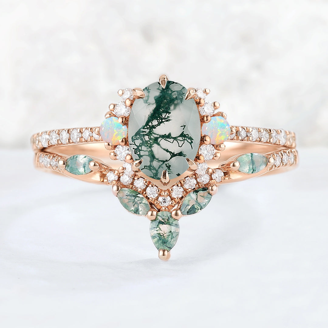 Nature Inspired Oval Cut Moss Agate Half Enternity Gemstone Ring Set 2pcs