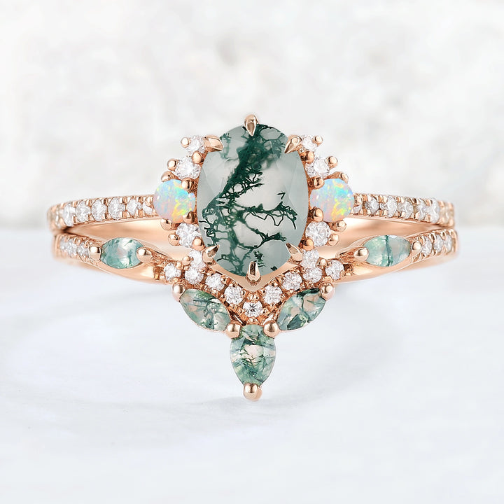 Nature Inspired Oval Cut Moss Agate Half Enternity Gemstone Ring Set 2pcs