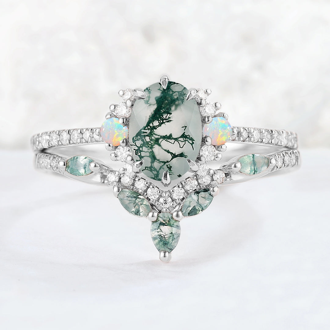 Nature Inspired Oval Cut Moss Agate Half Enternity Gemstone Ring Set 2pcs