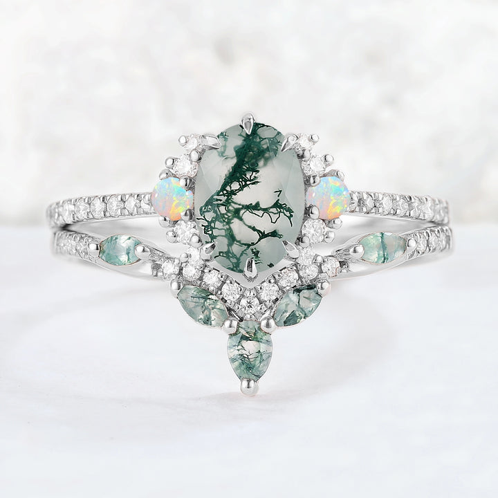 Nature Inspired Oval Cut Moss Agate Half Enternity Gemstone Ring Set 2pcs