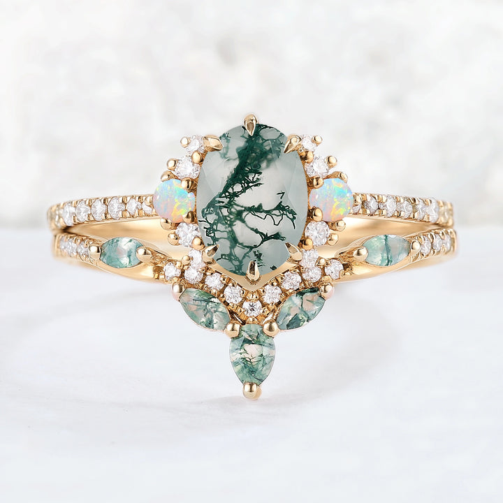 Nature Inspired Oval Cut Moss Agate Half Enternity Gemstone Ring Set 2pcs