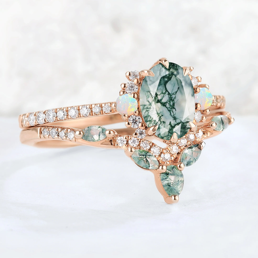 Nature Inspired Oval Cut Moss Agate Half Enternity Gemstone Ring Set 2pcs