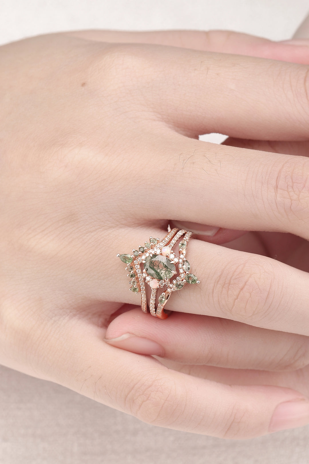 Nature Inspired Oval Cut Moss Agate Half Eternity Gemstone Ring Set 3pcs