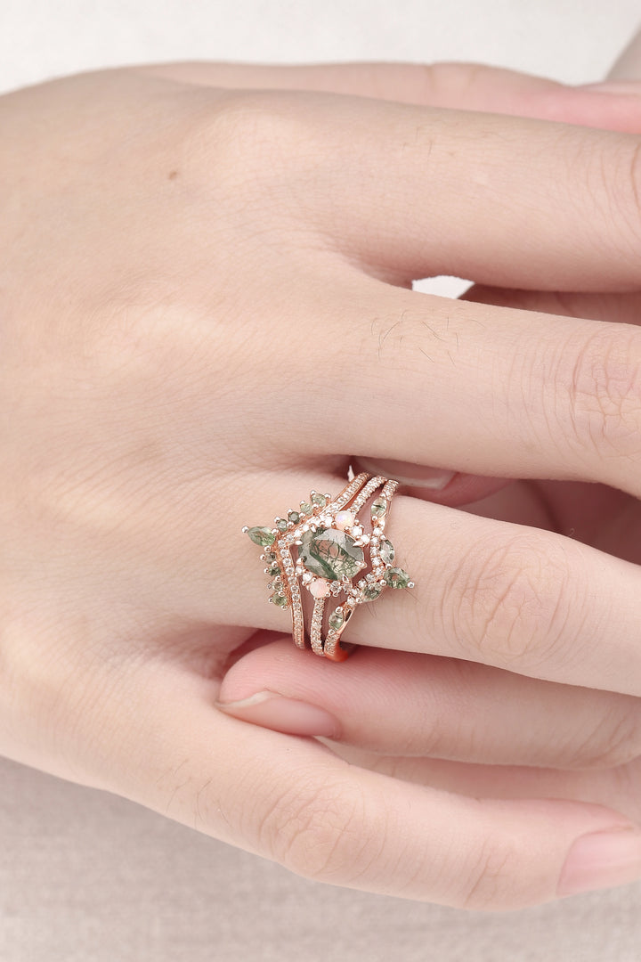 Nature Inspired Oval Cut Moss Agate Half Eternity Gemstone Ring Set 3pcs