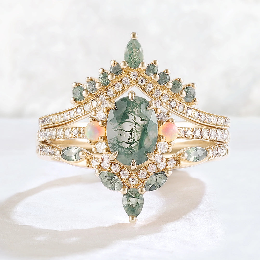 Nature Inspired Oval Cut Moss Agate Half Eternity Gemstone Ring Set 3pcs