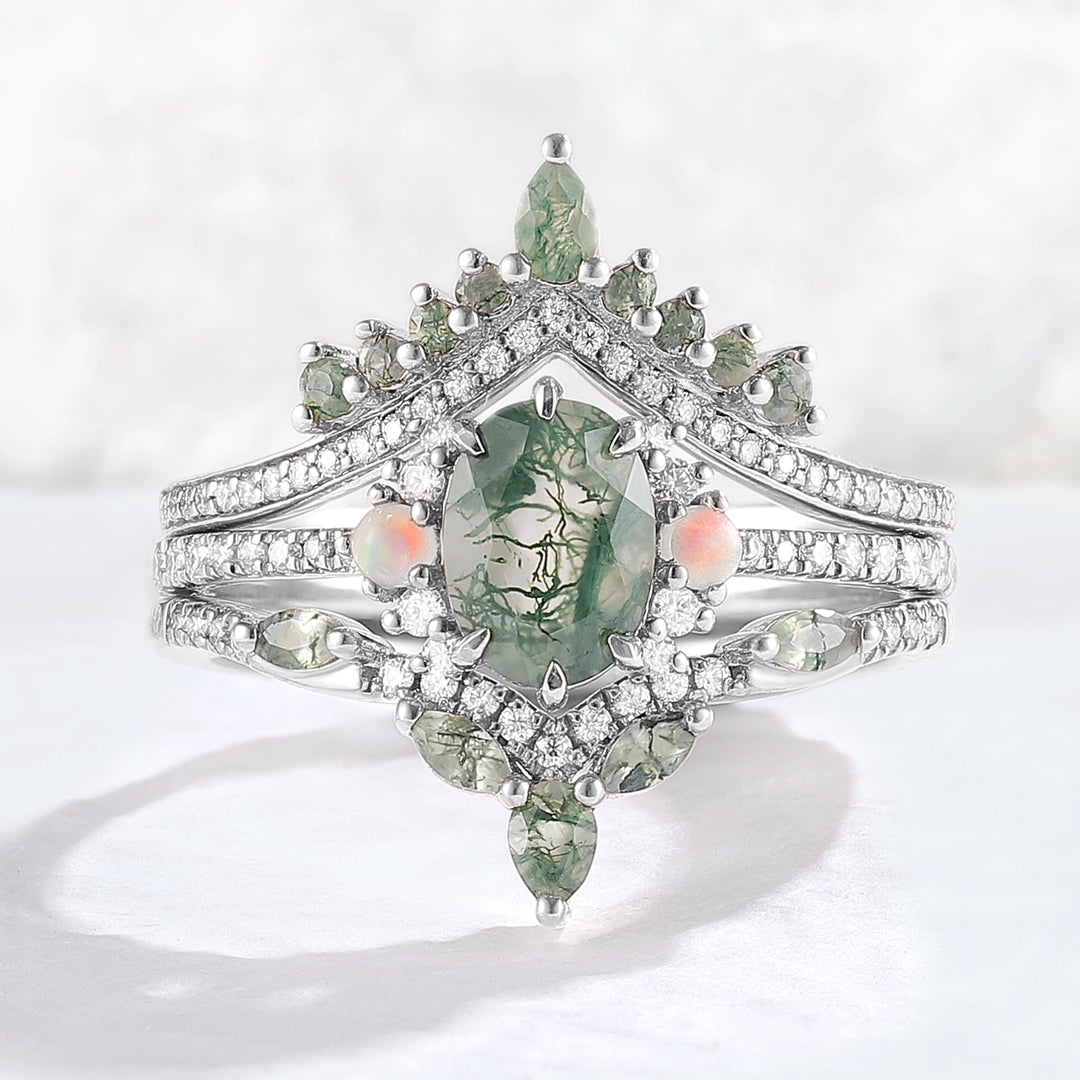 Nature Inspired Oval Cut Moss Agate Half Eternity Gemstone Ring Set 3pcs