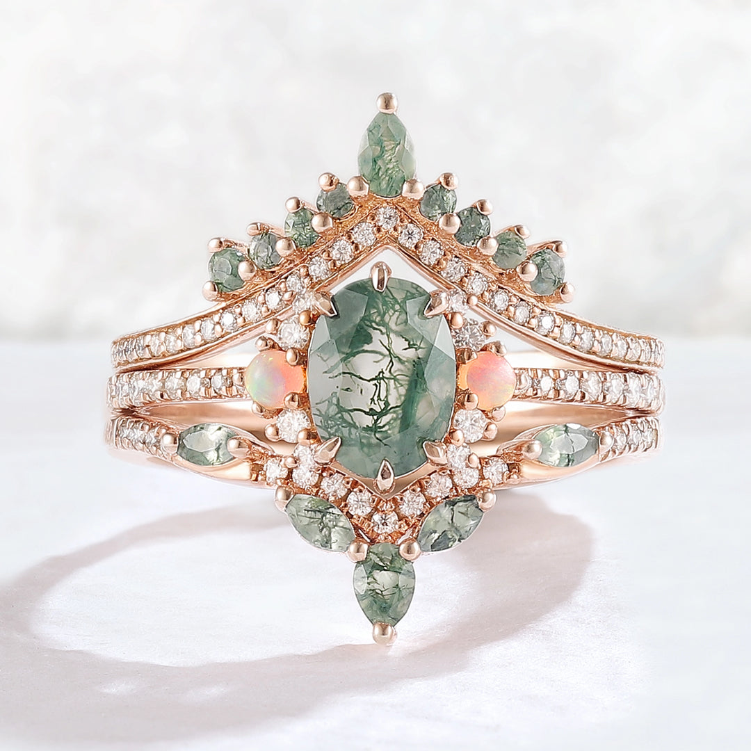 Nature Inspired Oval Cut Moss Agate Half Eternity Gemstone Ring Set 3pcs