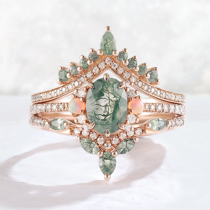 Nature Inspired Oval Cut Moss Agate Half Eternity Gemstone Ring Set 3pcs