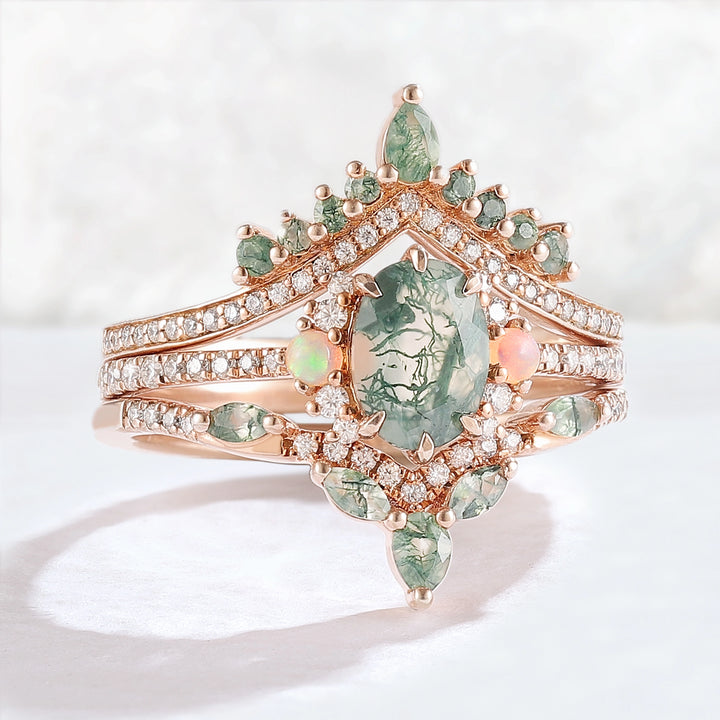 Nature Inspired Oval Cut Moss Agate Half Eternity Gemstone Ring Set 3pcs