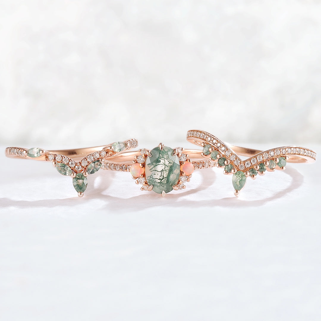 Nature Inspired Oval Cut Moss Agate Half Eternity Gemstone Ring Set 3pcs