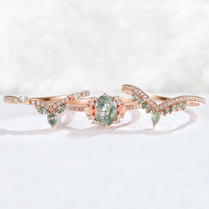Nature Inspired Oval Cut Moss Agate Half Eternity Gemstone Ring Set 3pcs