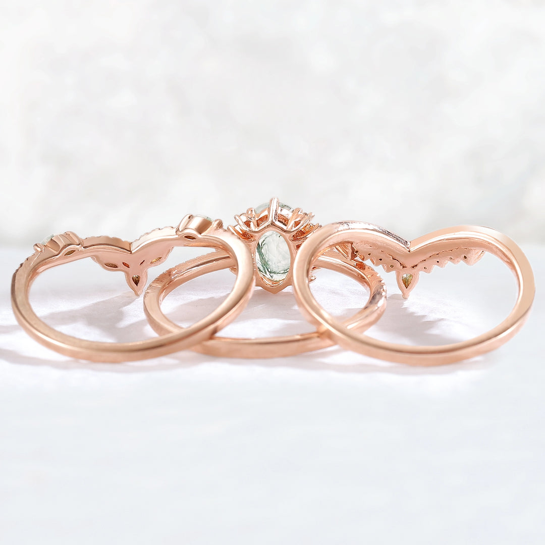 Nature Inspired Oval Cut Moss Agate Half Eternity Gemstone Ring Set 3pcs