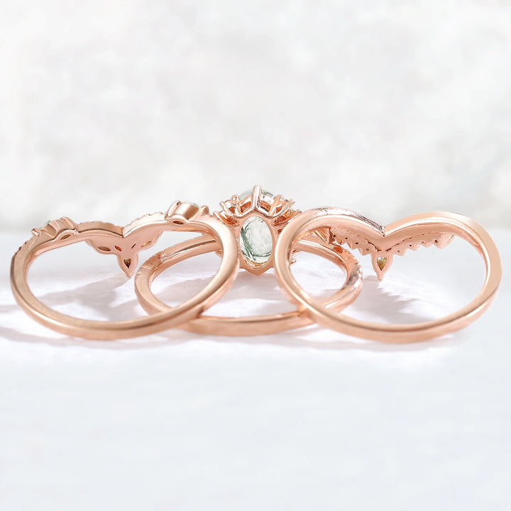 Nature Inspired Oval Cut Moss Agate Half Eternity Gemstone Ring Set 3pcs