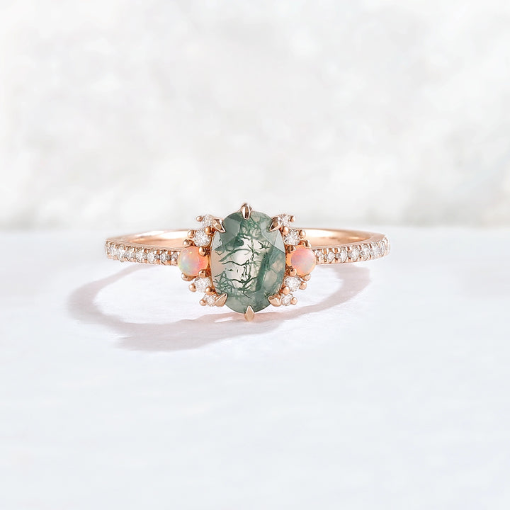 Nature Inspired Oval Cut Moss Agate Half Eternity Gemstone Ring Set 3pcs