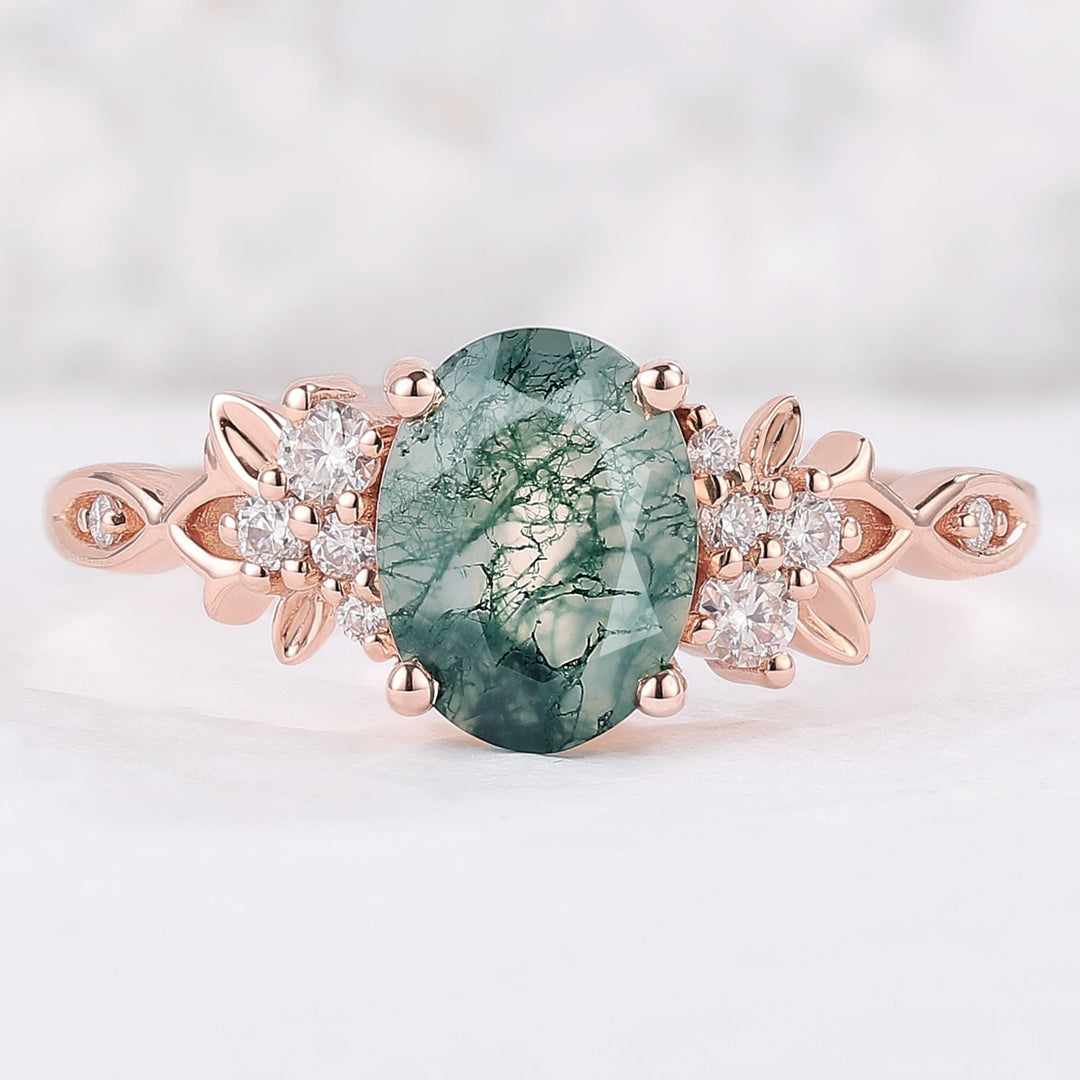 Nature Inspired Oval Cut Moss Agate Leaf Engagement Ring