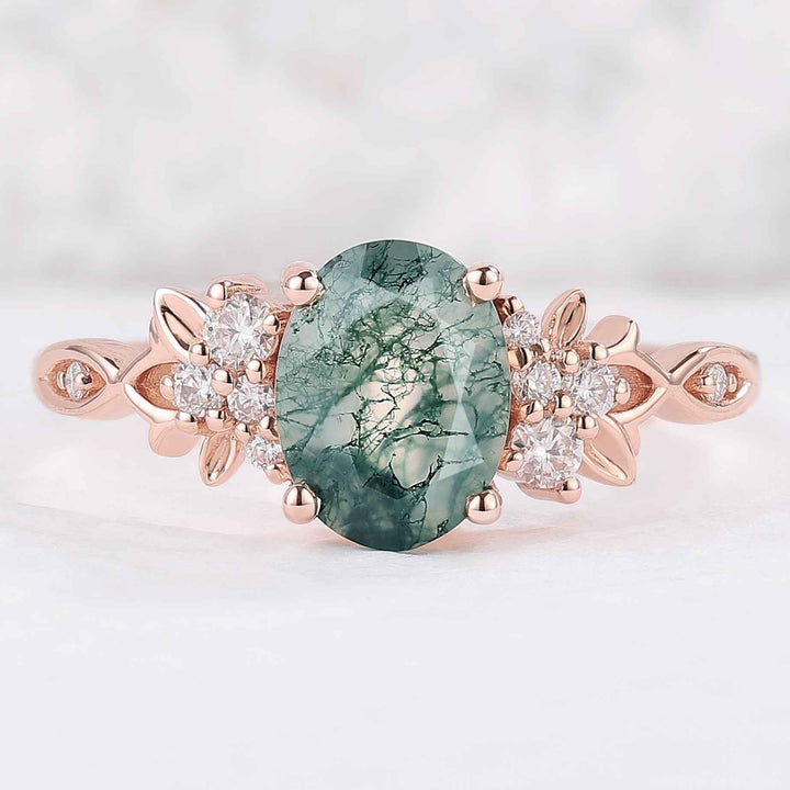 Nature Inspired Oval Cut Moss Agate Leaf Gemstone Ring