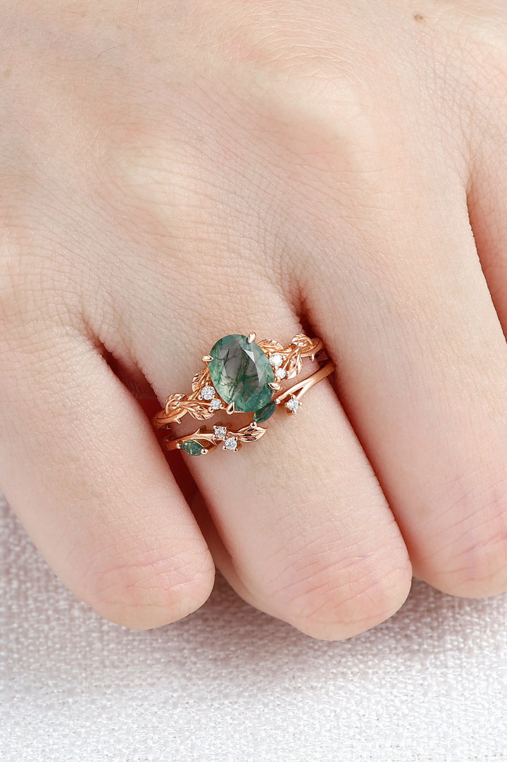 Nature Inspired Oval Cut Moss Agate Leaf Engagement Ring Set 2pcs