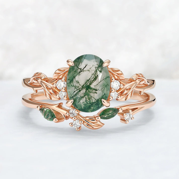 Nature Inspired Oval Cut Moss Agate Leaf Engagement Ring Set 2pcs